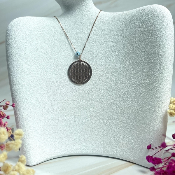Rose Gold Necklace and Pendent with Flower of Life and Evil Eye Shapes